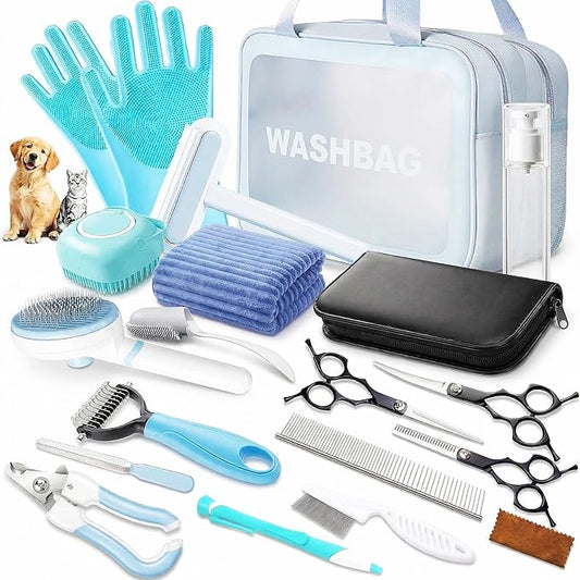 19PCS Dog Bath Kit & Dog Brush Kit - Professional Pet Grooming Tools Set for Dogs & Cats, Includes Shedding Brush, Bath Scrubber & Dematting Combs - Complete Dog Washing Essentials Blue