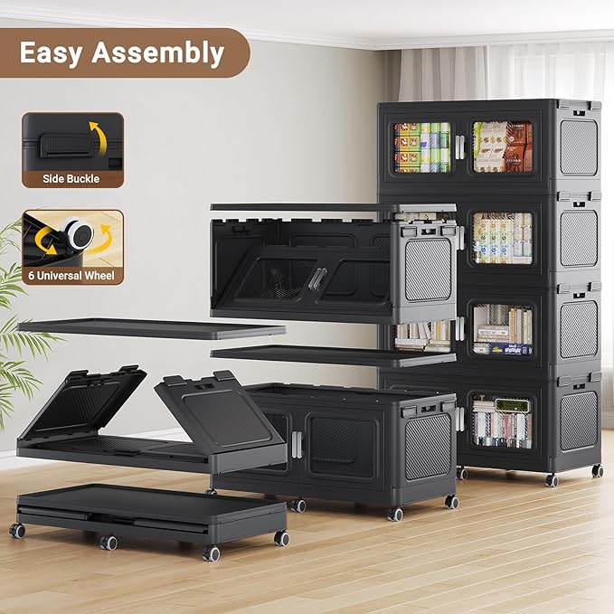 BROVIEW 660 Qt Extra Large Stackable Storage Bin with Lids, 3 Pack Black | 165Gal Extra Large, Collapsible Storage Boxes with 3 Lids, Folding& Rolling Plastic Drawer, Heavy-Duty Cabinet Organization