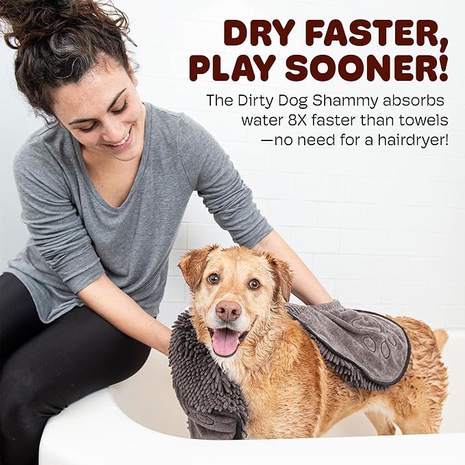 Dog Gone Smart The Dirty Dog Shammy - Fast Drying Plush Shammy Towel with Dual Hand Pockets and Elastic - Super Absorbent Microfiber and Machine Washable - 31 × 13 in, Brown