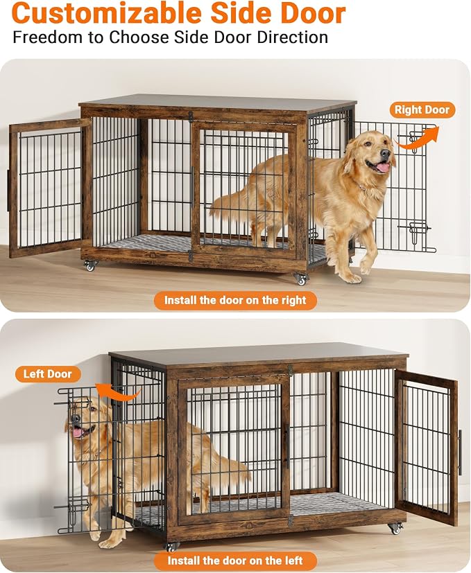 YaFiti Dog Crate Furniture, 44" Wooden Dog Kennel, 2 Pack, Rustic Brown | Cushion, Wheels, Double Doors, for Large Dogs, Up to 85 lb, Furniture Style, Side End Table, Decorative Pet Cage House