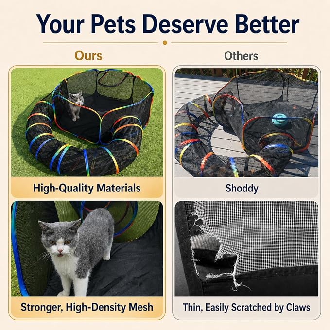 Portable Cat Enclosure - 2-in-1 Outdoor Catio with Tent & Tunnel, Foldable Playpen for Indoor Cats, Includes Storage Bag for Cats & Small Animals Rainbow Color