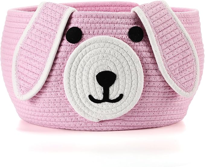 Zopeal Woven Dog Basket with Handle Toy Storage, Pink, 13 x 8 Inch | Pet Gift Basket, Toys Storage Organizer, Cotton Rope Rectangular Bin, Keeps Puppy Items Organized, Sturdy Handles