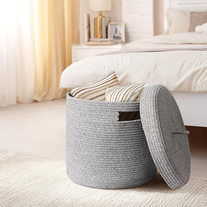 Storage Basket with Lid, Woven Blanket Storage for Living Room, Soft Cotton Rope Bin with Lid, Round Wicker Laundry Basket with Cover, Lidded Kid Dog Toy Box, Nursery Organizer, 15"x13", Gray