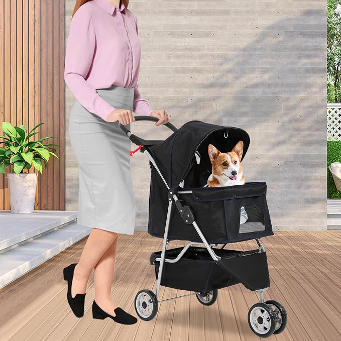 BLKMTY Folding Dog Stroller, 3 Wheels Pet Stroller, Foldable Cat Strollers Waterproof Travel Carrier Strolling Cart for Puppy Jogger with Cup Holder & Storage Basket, Black