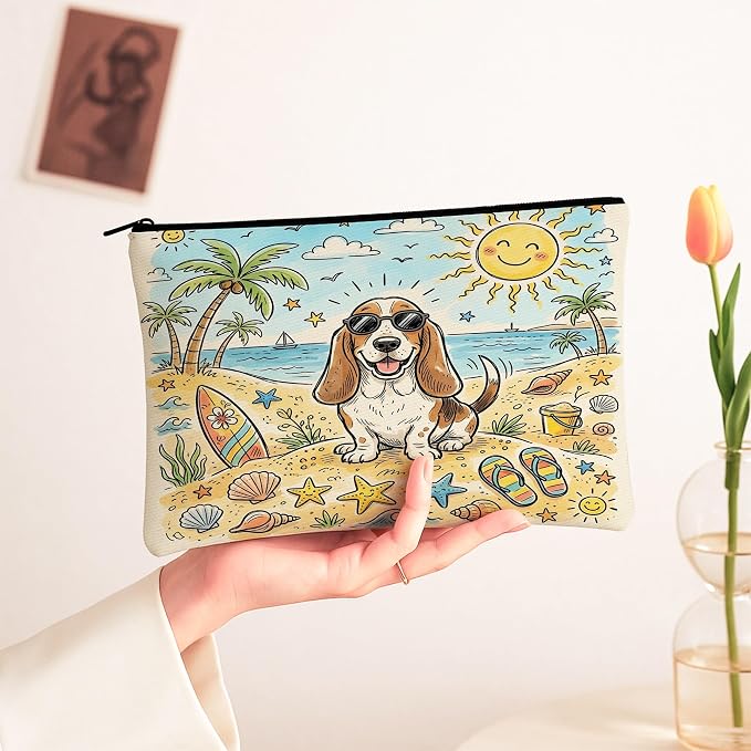 Cute Basset Hound Dog Makeup Bag, Coastal Beach Shells Cosmetic Travel Pouch for Women, Portable Small Canvas Zipper Organizer, Pet Toiletry Bag 7x9 Inch