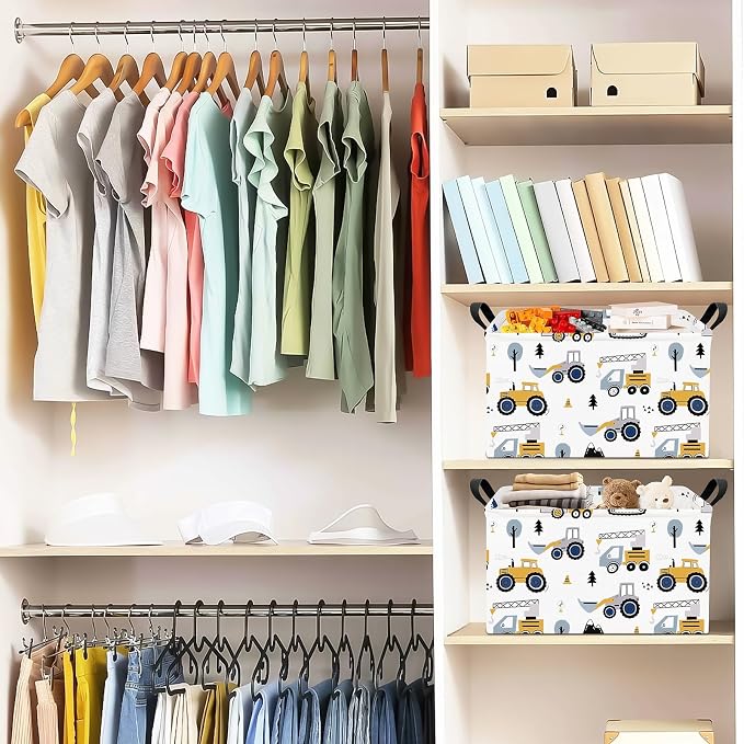 Rectangular Storage Bin, Foldable Construction Truck Excavator Basket | Damp-proof canvas with reinforced stitched handles.Great for clothes,books & sundries in closets,playrooms,laundry rooms.
