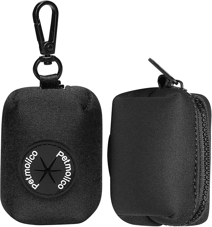 Petmolico Dog Poop Bag Holder Dispenser 2 Pack, Black | Zippered pouch fits any leash, includes free roll of bags, lightweight & portable for daily walks, travel & outdoor use