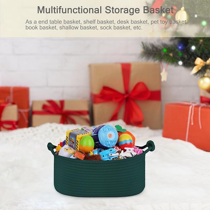 Small Empty Gift Basket with Bag & Ribbons, Dark Green | 12“x8”x5”, Cotton Rope Woven Basket for Birthdays, Baby Showers, Mother's Day, Christmas; Stores Small Items, Kids & Pet Toys