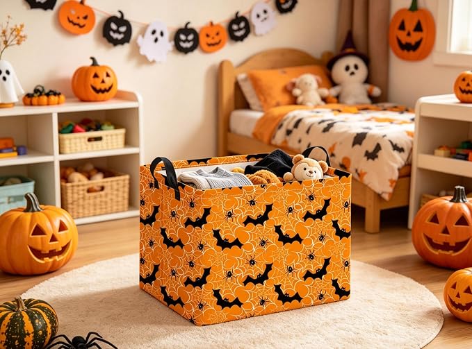 Halloween Basket Cute Baskets for Kids Pumpkin Basket Rectangular Storage Bin Organizer Box Room Decor(Yellow Spider Web)