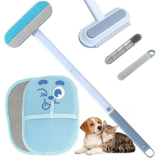 Pet Hair Remover Set – Removes Pet hair from Carpets, Furniture & Car Seats For Cat & Dog, includes 4-in-1 Magic Brush (Extended Handle) & a Electrostatic cat Hair Remover Glove.