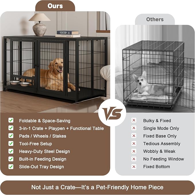 43.3" Heavy Duty Large Dog Crate with Wheels & Feeding Bowls, 3 in 1 Foldable Extra Large Dog Kennel & Playpen, Indestructible Escape-Proof Metal for Large Dogs, Indoor Outdoor, Black