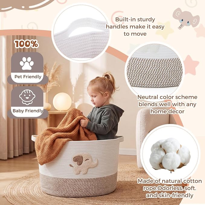 LemonRoad Extra Large Basket 20"x14", Woven Basket for Laundry Blanket Toy Box with Handle Storage, Blanket Storage for Living Room Nursery Pillows Chest(Cotton Rope,Elephant,Brown)