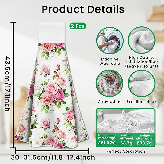 CUTHOLLOW Pink and White Roses Hanging Kitchen Towels with Loop, Set of 2 - Soft & Super Absorbent Microfiber Decorative Hanging Dish & Hand Towel, Tea, Coffee Towel for Kitchen Bathroom Oven Handle