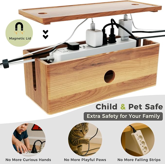 Large Cable Management Box Acacia Wood Cord Organizer Power Strip & Cables | Acacia Wood Cable Hider; Large Electrical Cord Storage; Hide TV Wires & Power Strips; Rustic Style; Home Office & Living Room