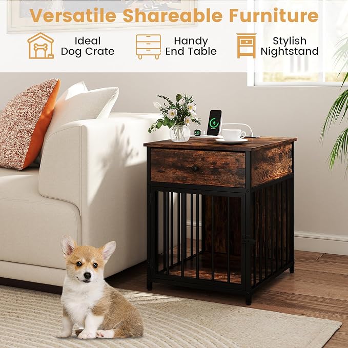 Giantex Dog Crate End Table with Charging Station, Small Dog Kennel Furniture with Drawer, Chew-Resistant Metal Tube, Lockable Door, Indoor Pet Cage Side Table for Small Dogs, Rustic Brown