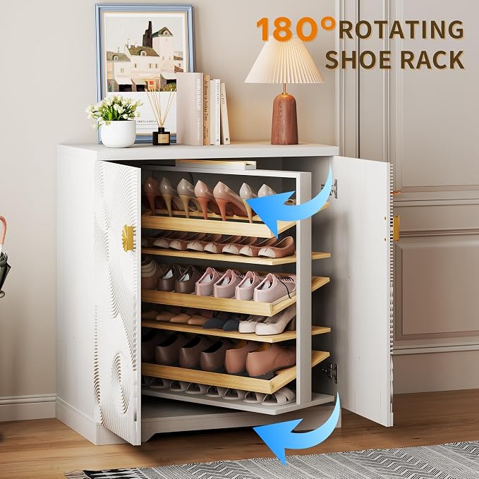 Vlsrka Shoe Storage Cabinet with Doors and 6 Tier Rotating Shelves, White | Suitable for 18 Pairs Shoe Organizer, Freestanding, Pull Out Shoe Rack, Wooden Entryway Cabinet for Hallway, Closet, Indoor