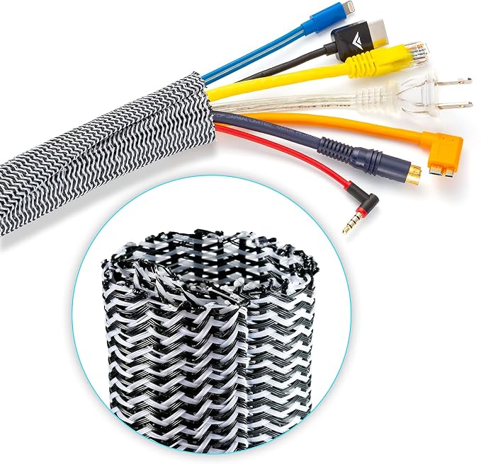 Maximm Cable Management Wire Loom 25ft 1 Inch Black and White Split Cord Protector