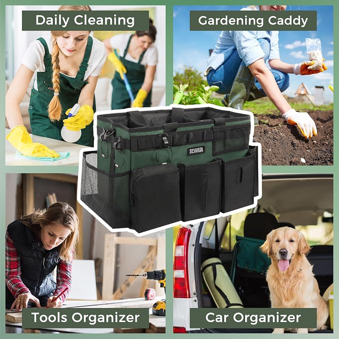 SCAVATA Wearable Cleaning Caddy Bag, Cleaning Caddy Supplies Organizer with Handle & Shoulder Straps for Housekeepers, Under Sink & Car Cleaning Tool Organizers with 4 Foldable Divider (TreeGreen)