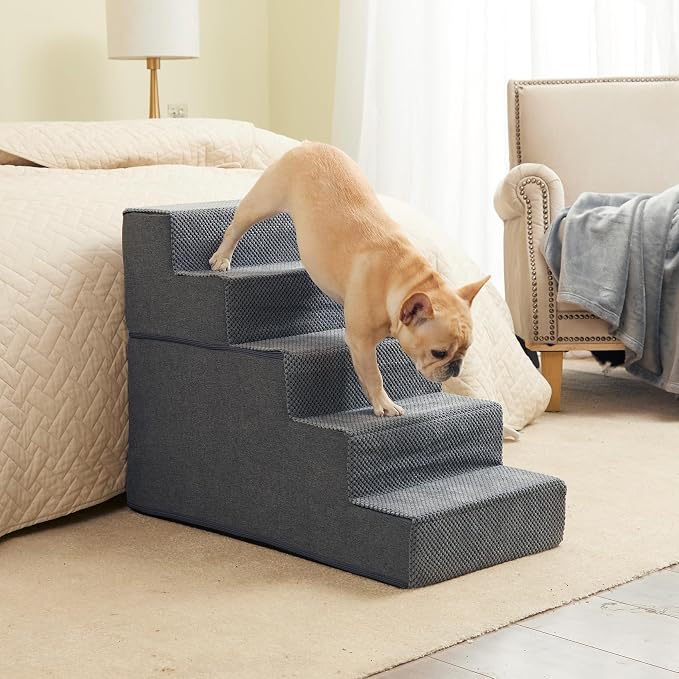 EHEYCIGA Dog Stairs for High Bed 22.5" H, 5-Step Extra Wide Dog Steps for Bed, Pet Steps for Small Dogs and Cats, Non-Slip Balanced Pet Ramp Indoor, Grey