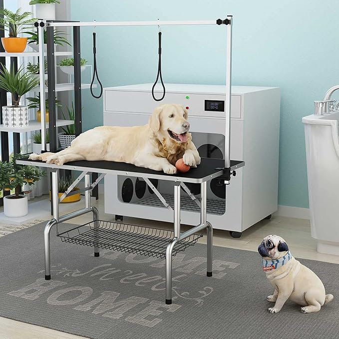Pet Dog Grooming Table, Foldable Stainless Steel Pet Drying Grooming Table Up to 330lbs, Professional Bathing Desk for Dogs at Home with Adjustable Overhead Arms, Noose, Mesh Tray, 36''/Black