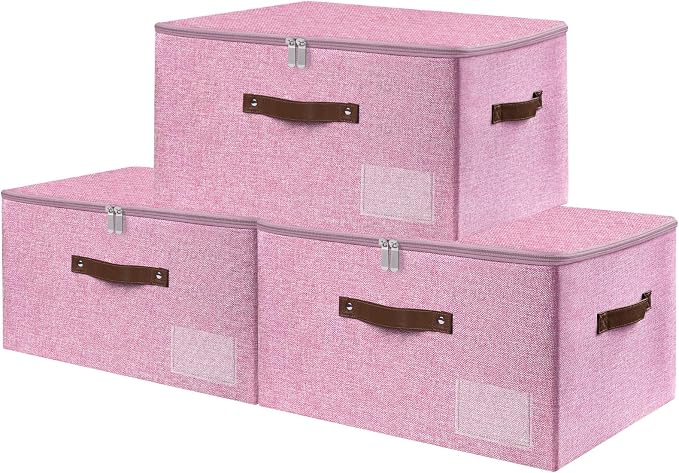 ANMINY Storage Box Fabric Bins with Zipper Lid, 17.7"x13.8"x10" Pink, 3PCS | Keepsake Box, Decorative, Cotton Linen, Reinforced PP Board Frame, Washable, Stackable & Foldable, Label Holder & PU Handles