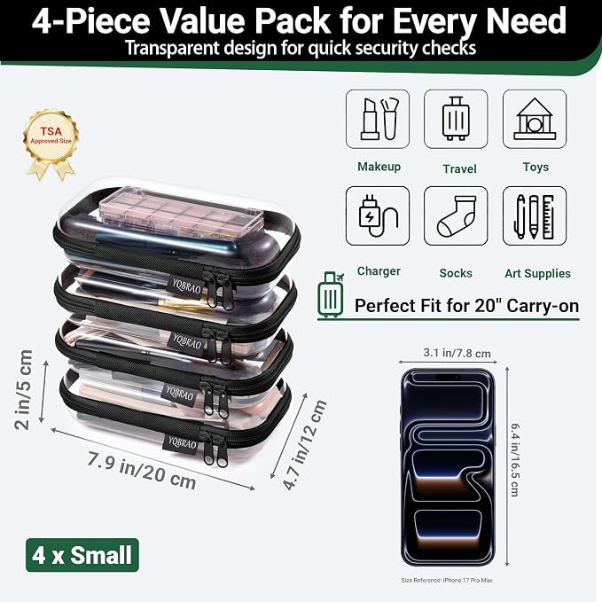 YQBRAO Clear Hard Shell Zipper Cases, 4 Small Cable Organizers, Black | Rigid 1.2 mm PET and YKK dual zippers for cosmetics, charging cords, pens and travel accessories