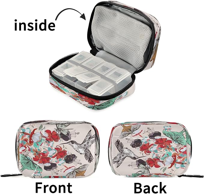 Naanle Floral Butterfly Hummingbird 7 Day Pill Case Travel Pill Organizer Bag with Zipper Portable Weekly Case Compact Size for Vitamin Supplement Holder
