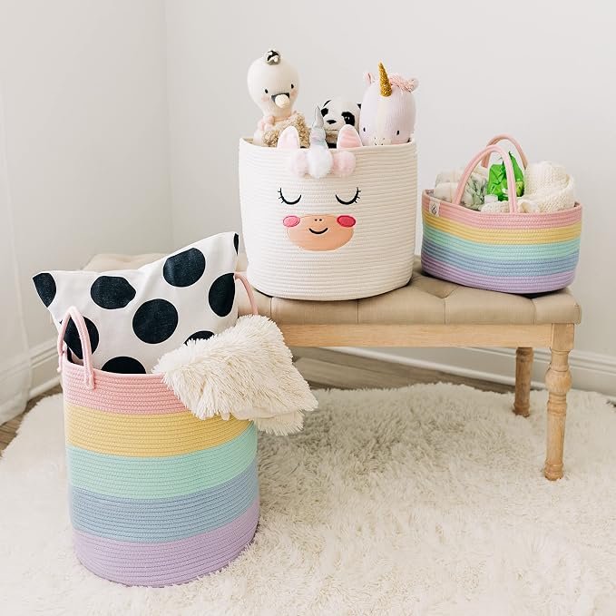 OrganiHaus Pastel Rainbow Rope Diaper Caddy Organizer, Nursery Basket | Woven handles; a toy bin, laundry bin, or newborn essentials storage; great for car, baby shower gifts, or bedroom decor