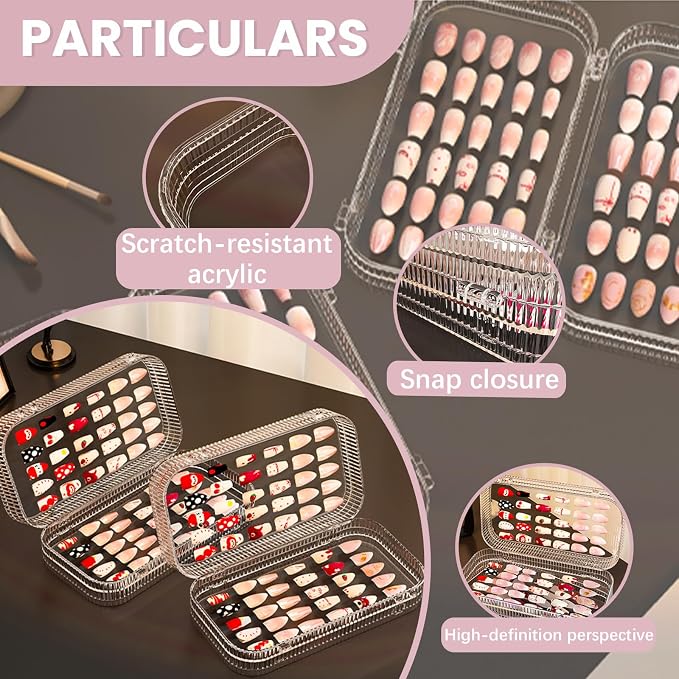 Large Tri-Fold Press On Nail Organizer Case - 4-Page Portable Storage Box for Fake Nails, Clear PET Plastic Travel Holder (6×3.2×1.8 inch) Texture