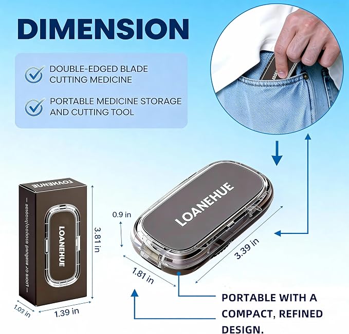 Precision Pill Cutter for Small and Tiny Pills, Sharp Blade with Storage Compartment, Travel-Friendly 1/2 Pill Splitter for Home/On-The-Go, Black
