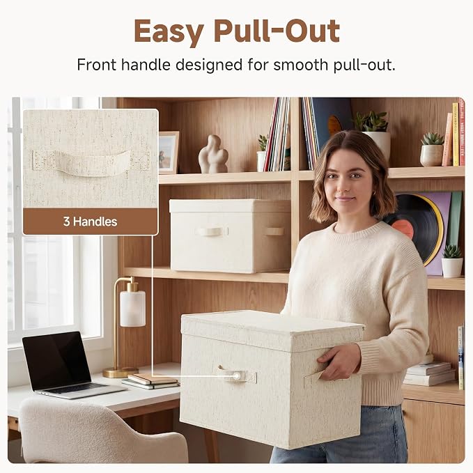 StorageWorks Fabric Storage Bins with Lids, Closet Storage Bins | Flip-Top Lid, 3 Handles, Collapsible, Stackable, for Clothes Blankets, Multi-Purpose, Large, Rustic Linen, 2-Pack