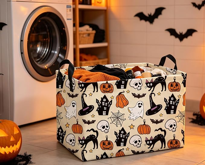 Rectangle Kids Baskets Halloween Basket Cute Storage Bin for Room Decor Gift Basket(Horror Halloween)