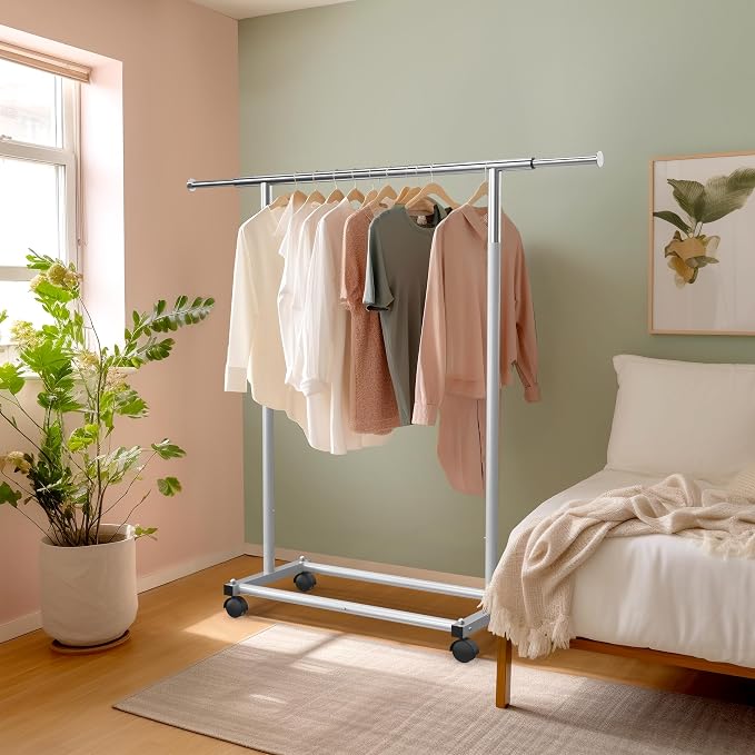 Simple Houseware Standard Rod Garment Clothing Rack, Silver | Single Rail, Extendable Width from 30 to 47 Inches, Rolling Clothing Organizer for Bedroom, Laundry, Living Room