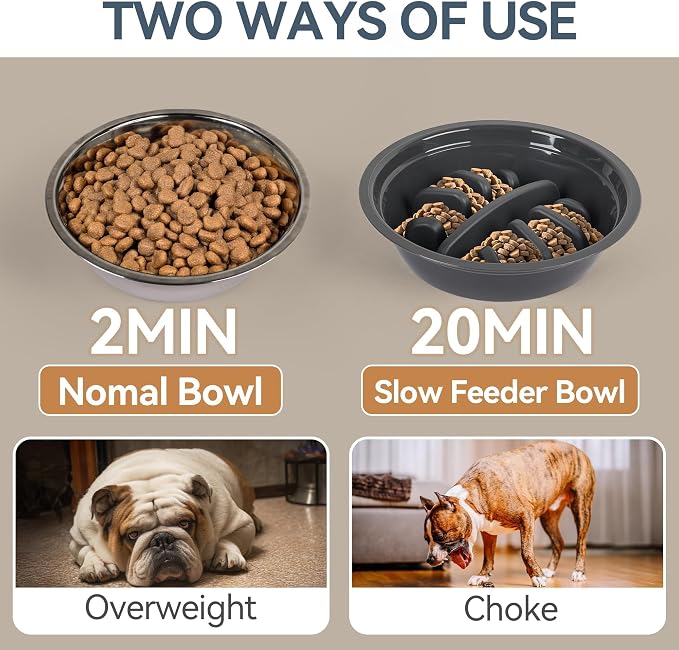 PAWISE Elevated Dog Bowls, Raised Dog Bowl with Slow Feeder Bowl & Stainless Steel Bowls, 5 Heights Adjustable Dog Feeding Bowl Stand for Small Medium Large Dogs, Food Dishes with Non-Slip Feet
