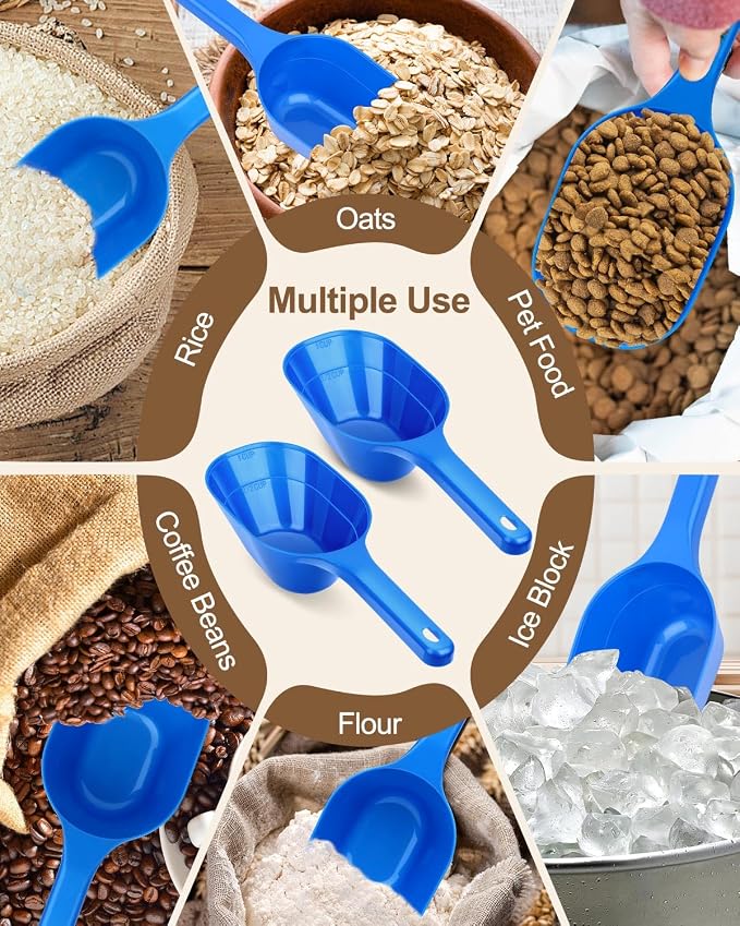 2 Pack Dog Food Scoop, 1 Cup Pet Food Scoop With Measuring Lines (Blue) | Clear Markings for Precise Measuring 1/2 and 1 Cup Lines,Dishwasher Safe,Plastic,Portable and Sturdy