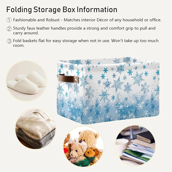 Winter Snowflake Blue Storage Basket with Waterproof Liner and PU Handles White Christmas Holiday Xmas Storage Boxes 14.2" Collapsible Decorative Organizer Baskets for Bedroom Closet Office 2 Pack