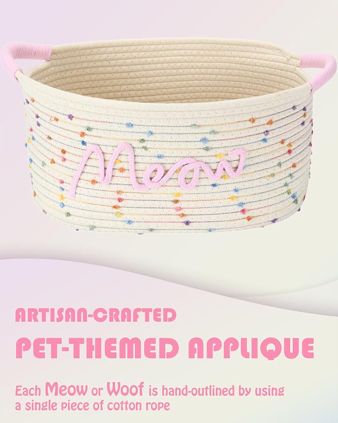 Sea Team Cat Toy Storage Basket with Handles, Rainbow Meow | Large Cotton Rope Storage Bin, Shelf Basket, Organizer for Pet Chew Toys, Foods, 16.5 x 11 x 7 Inches, 4.4 Gallons
