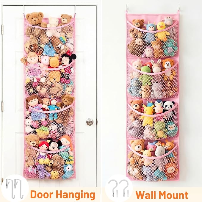 Over The Door Stuffed Animal Storage, Cotton Toy Organizer for Storage Plush Toys,Baby Supplies, Stuffed Animal Holder with 4 Large Pockets, Hanging Door Organizer for Nursery, Bedroom (Pink)