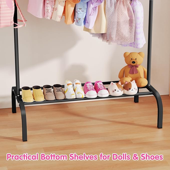 Kids Clothes Rack for Ages 3-6, Montessori Kids Clothing Rack, Black | Kids Dress up Rack with Bottom Shelf & Side Hooks, Toddler Wardrobe Rack for Bedroom, Playroom, Nursery & Small Room Storage