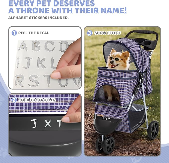 Magshion 3-Wheel Pet Stroller for Small/Medium Dogs & Cats, Up to 33lbs | Foldable Travel Jogger w/ Breathable Mesh Cover, Lightweight Design, Safety Tethers, Cup Holder & Storage Basket