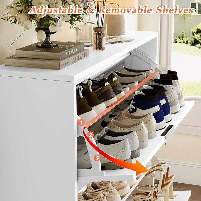 Shoe Storage Cabinet with 2 Flip Drawers, Narrow Wood Shoe Organizer Cabinet with Fluted Panel, Slim Shoe Rack for Entryway, Freestanding Shoe Cabinet for Living Room, Hallway, White