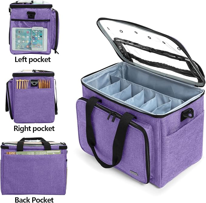 Teamoy Knitting Bag, Yarn Storage Organizer Crochet Bag Tote, Purple | Yarn Holder with Inner Divider(Sewn to Bottom) for Crochet Hook, Knitting Needles(Up to 14"), Project and Crocheting Supplies