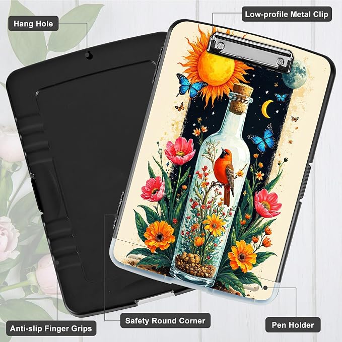 A4 Clipboard with Storage Pen Holder, Clipboards Organizer Nursing Clipboard Foldable File Folder Plastic Clipboard Folio Clip Board for Office Work Classroom Doctor, Drift Bottle Flowers