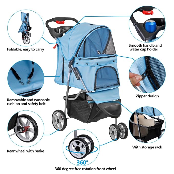 ZENY Pet Stroller for Small/Medium Dogs and Cats Foldable Dog Stroller | with 3 Wheels, Pet Strolling Cart, Dog Travel Carrier with Storage Basket, Cup Holder, Blue