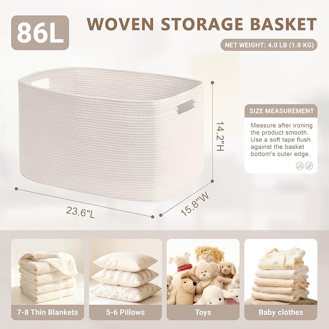 86L Large Woven Laundry Basket Hamper with Handles, White | collapsible wicker hamper, storage for dirty clothes, toys, blankets, gifts, living room, bedroom, bathroom, 24"x16"x14"