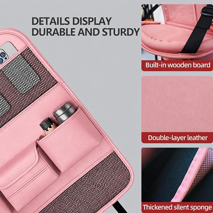 2 Pack Leather Car Backseat Organizer with Foldable Table Tray, Universal Car Seat Back Protector Kick Mat with Touchscreen Tablet Holder, Storage Pockets, Cup Holders & Tissue Holder, Pink