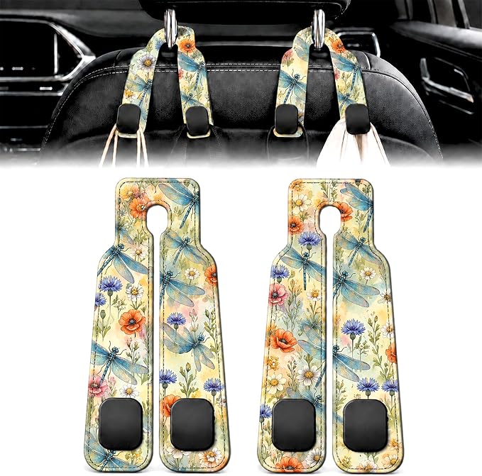 2 Pack Dragonfly Floral Car Headrest Hooks for Purse Seat Back Hanger | Watercolor Dragonfly Car Accessories Metal Hook, Floral Gifts for Women, PU Leather Double Hook Backseat Organizer