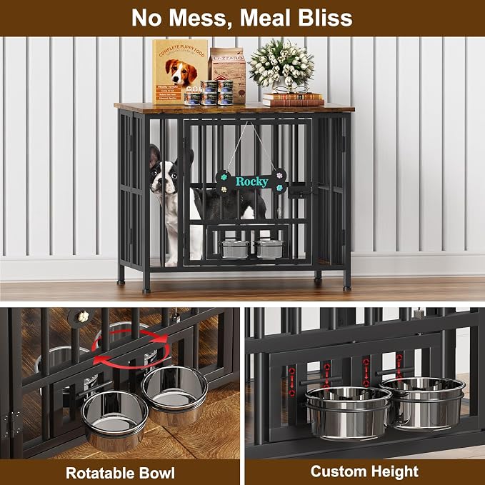 Easycom 31" Dog Crate Furniture Foldable, No Assembly, Rustic Brown | Decorative Wooden Dog Kennel Indoor With Adjustable Bowls and Name Tag, Medium Dogs(20-35 lbs), End Table