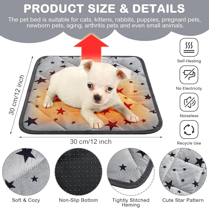 4 Pack Self Warming Cat Bed Self Heating Cat Mat Star Pattern Soft Dog Crate Pad Thermal Pet Mat Anti Slip Kennel Dog Washable Warming Bed for Outdoor Indoor(12 x 12 Inch,Gray)