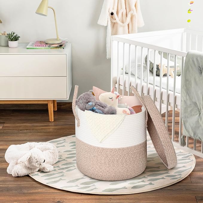 15”x13” Large Storage Basket with Lid, Blanket Basket Living Room, Woven Cotton Rope Baskets for Storage, Kids Toy Storage Bin, Tall Wicker Laundry Basket, Blankets Pillows Organizer Holder